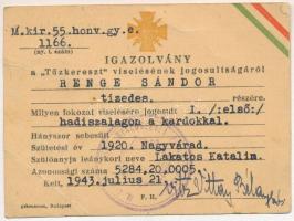 1943. "Tűzkereszt I. fokozata" kitüntetés viselésére jogosító igazolvány, kitöltve, bélyegzéssel, használt állapotban