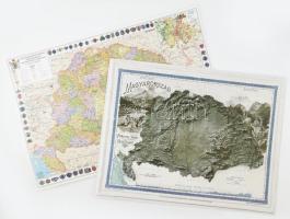 2 db modern térkép: Magyarország hegyrajzi és vízrajzi térképe, 3D-s domborzati térkép (Pokorny Tódor 1899-es térképe után), egyik széle vágott, 58x45 cm + A magyar szent korona országainak fontosabb települései és közigazgatása az 1910-es években / Magyar történeti emlékek a Kárpát-medencében, kétoldalas térkép, laminált, 64,5x44 cm
