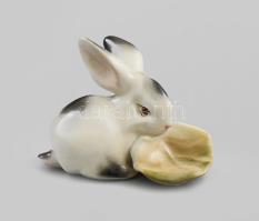 Zsolnay porcelán káposztaleveles nyúl figura, kézzel festett, jelzett, hibátlan, m: 7 cm