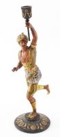 Szerecsen gyertyatartó fém szobor. Festett fém, XIX. sz. vége. Jelzett. Kopott / Moor. Candlestick-statue. 19th century, signed. Painted metal. Worn. 40 cm