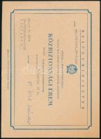 1951.IV.4. Közbiztonsági Érem bronz fokozatának adományozó oklevele (korai változat; a kitüntetést 1951. márciusában alapították), rajta Dr. Zöld Sándor (1913-1951) kommunista politikus, belügyminiszter bélyegzett aláírásával, szárazbélyegzővel, 20,5x14,5 cm