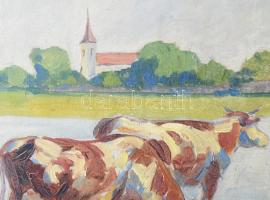 Tipary Dezső (1887-1967): Tehenek a vízparton. Olaj, vászon, jelezve jobbra lent. Restaurált. Kis sé...