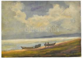 Dókus Eörs (1940-2008): Balatoni csónakok. Olaj, vászon, faroston. Jelzés nélkül. 34x47,5 cm