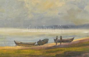 Dókus Eörs (1940-2008): Balatoni csónakok. Olaj, vászon, faroston. Jelzés nélkül. 34x47,5 cm