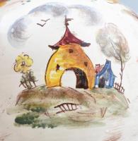 Kézzel festett tájkép mintás német kerámia váza, jelzéssel, kis kopottsággal, m: 23 cm