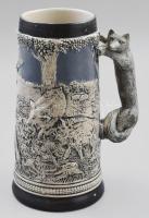 Gerzit német vadász korsó, róka figurális füllel, jelzett, hibátlan, m: 21,5 cm