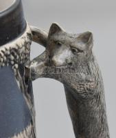 Gerzit német vadász korsó, róka figurális füllel, jelzett, hibátlan, m: 21,5 cm