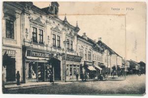 Torda, Turda; Fő tér, Petrikás Emil, Pál Lajos, Amberboj Miklós és Füssy József üzlete, drogéria. Leporellolap 10 képpel / main square with shops, drugstore - leporellocard with 10 images (Rb)