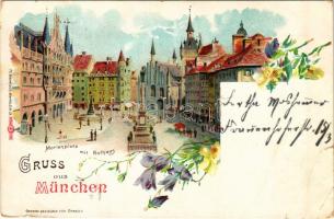 1898 (Vorläufer) München, Marienplatz mit Rathaus / square and town hall. Th. Wendisch Art Nouveau, floral, litho (tear)