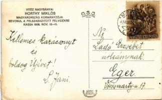 1938 Kassa, Kosice; bevonulás, Horthy Miklós, "Isten hozott" díszkapu, magyar címer / entr...