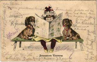 Interessante Vorlesung / Újságot olvasó kislány tacskókkal / Dachnshund dogs, girl reading a newspaper (EK)