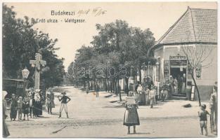 1908 Budakeszi, Erdő utca, Kereszt, kislány a Budapesti Hírlappal, Rapolter István üzlete. Szemere J. kiadása