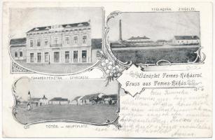 1908 Temesrékas, Temes-Rékás, Recas; Takarékpénztár, Fő tér, Téglagyár / Sparcasse, Ziegelei, Hauptplatz / savings bank, main square, brick factory. Art Nouveau, floral (EK)