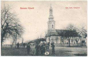 1908 Temesfüves, Fibis; Görögkatolikus templom, utcakép, csendőrök földön ülő foglyokkal. Nagybaczoni Nagy Vilmos (későbbi honvédelmi miniszter) levele / Greek Catholic church, street view, gendarmes with prisoners sitting on the ground