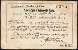 1937 Kecskeméti Gazdasági Vasút fényképes igazolványa