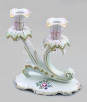 Hollóházi gyertyatartó, kétágú, jelzett, hibátlan, m: 17 cm