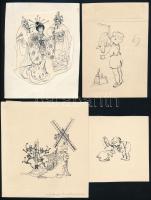 Róna Emy (1904-1988): össz. 7 db illusztráció. Tus, papír, hátoldalán mindegyik hagyatéki pecséttel ...
