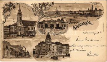 1900 Arad, Minorita templom, vár főkapuja, Maros-part, Lyceum, Arad-Csanádi egy. Vasutak palotája, lóvasút. Lengyel Lipót kiadása / Minorite church, castle gate, Mures riverside, grammar school, railway palace, horse-drawn tram. Art Nouveau, floral, litho (Rb)