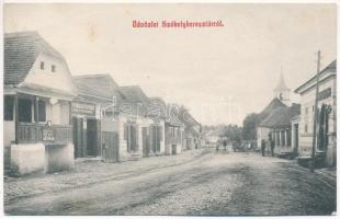 1910 Székelykeresztúr, Kristur, Cristuru Secuiesc; utca, üzletek, Szabó Kálmány Könyvnyomda, könyvkötészet, írószer, könyvkereskedés és saját kiadása / street, shops