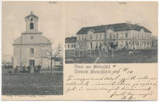 1906 Móricföld, Móriczföld, Moritzfeld, Moritfeld, Maureni; Kirche, Schule / templom és iskola. J. Dajkovits kiadása / church and school (EK)