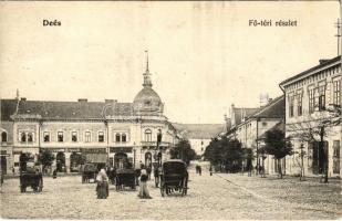 1906 Dés, Dej; Fő tér, lovas hintók, Polonyi és Kanyó, Rehák Ágoston, Bakó Mihály és Fesztinger Sámuel üzlete / main square, horse chariots, shops (EB)