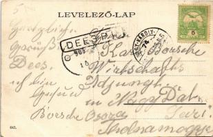 1906 Dés, Dej; Fő tér, lovas hintók, Polonyi és Kanyó, Rehák Ágoston, Bakó Mihály és Fesztinger Sámu...