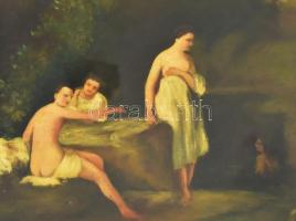 Molnár jelzéssel, XIX. sz. vége/XX. sz eleje: Fürdöző hölgyek. Olaj, fatábla. Dekoratív, üvegezett f...