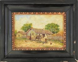 Németh György (1888-1962): Szamaras kocsi. Olaj, fatábla, jelzett. Dekoratív, korabeli, sérült fakeretben. 17x26 cm