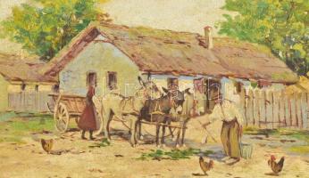 Németh György (1888-1962): Szamaras kocsi. Olaj, fatábla, jelzett. Dekoratív, korabeli, sérült faker...