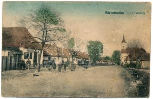 1918 Sáromberke, Scharnberg, Dumbravioara; utca, templom, üzlet / street, church, shop (EB)