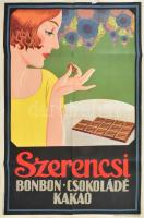 Szerencsi bonbon, csokoládé, kakaó, art deco plakát, 1930 körül, Franklin-Társulat, lap széle sérült, kissé foltos, hajtásnyomokkal, 94x62 cm