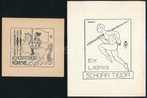 Schorr Tibor (?-?): 2 db art deco ex libris. Klf. technikák, papír, jelzett a dúcon, 9x7,5 és 6x6 cm