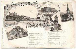 (Vorläufer) Pozsony, Pressburg, Bratislava; Sétatér, Főtemplom, Városház, Színház / promenade, church, town hall, theatre. Kunstanstalt Rosenblatt Art Nouveau, floral, litho (kopott sarkak / worn corners)