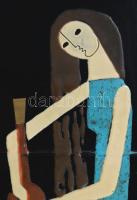 Bolbáné Szeles Magda (1935-2020): Gitározó nő. 3 darab csempére festett zománckép, alsó csempe reped...