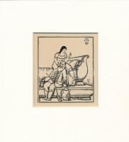 Kozma Lajos (1884-1948): Ücsörgés. Fametszet, papír, jelzett a metszeten, paszpartuban, 8×6,5 cm