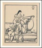 Kozma Lajos (1884-1948): Ücsörgés. Fametszet, papír, jelzett a metszeten, paszpartuban, 8×6,5 cm