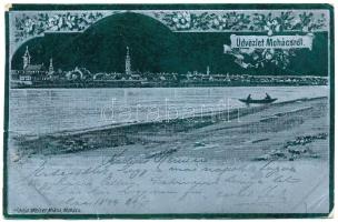 1899 (Vorläufer) Mohács, Dunapart. Weiser Miksa kiadása, szecessziós fémes hatású fóliás képeslap (EB)