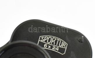 Carl Zeiss Jena Sportur távcső, bőr tokjában, jó állapotban, de az állító nagyon nehezen forog