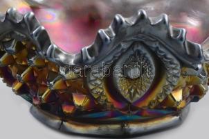 Antik cseh irizáló üvegkínáló és váza, formába fújt üveg, kis kopással, váza talpánál minimális repe...