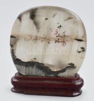 Kínai jószerencsehozó asztaldísz, fa, üveg, kis kopással, m: 12 cm