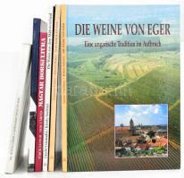 Vegyes borászati témájú kiadvány, 6 kötet:   Dr. Laposa József: Villány. A magyar borvidékek ékessége. The Jewel of Hungarian Wine Regions. Bp., 1995, Magyar Borkereskedők Egyesülése. Gazdag képanyaggal illusztrálva. Magyar és angol nyelven. Kiadói kartonált papírkötés.;  Dr. Töttős Gábor: A szekszárdi szőlő és bor. A történelmi borvidék története a kezdetektől a II. világháborúig. Szekszárd, 1987, (Szekszárdi Nyomda). Kiadói egészvászon-kötés, kiadói papír védőborítóban.;  Török Sándor - Merz Árpád: Magyar borkultúra Bp., 1997. Mezőgazda. Kiadói kartonált papírkötésben, átsatírozott ajándékozási sorokkal.;   Egri borok könyve. Szerk.: Csizmadia László. A felvételeket készítette: Szelényi Károly. Eger, 1997, Magyar Képek/F. Szelényi Ház. Gazdag képanyaggal illusztrált. Kiadói kartonált papírkötés, jó állapotban.;   Die Weine von Eger. Eine ungarische Tradition im Aufbruch. Redaktion: Csizmadia László. Fotos: Szelényi Károly. Eger, 1997, Magyar Képek/F. Szelényi Ház. Gazdag képanyaggal illusztrált. Német nyelven. Kiadói kartonált papírkötés, jó állapotban.;   Die Weine aus dem Mátravorland. Redaktion: - - . Fotos: Szelényi Károly. Bp., 2001, Magyar Képek. Gazdag képanyaggal illusztrál. Gazdag képanyaggal illusztrált. Német nyelven. Kiadói kartonált papírkötés, jó állapotban.;