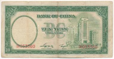 Kína 1937. 10Y T:F kis beszakadás China 1937. 10 Yuan C:F small tear Krause P#81
