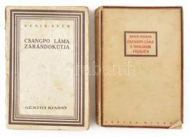 Sven Hedin 2 műve:   Csangpo Láma a nomádok földjén. Ford.: Gergely Jolán. Bp., én., Genius. Kiadói papírkötés, kissé szakadt, kissé sérült gerinccel és borító szélekkel.;   Csangpo Láma zarándokútja. Ford.: Gergely Jolán. Bp., én., Genius. Kiadói papírkötés, javított, sérült gerinccel, foltos borítóval.;
