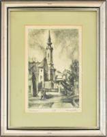 Kmetty János (1889-1975): Tabán. Rézkarc, papír, jelzett. Számozott (67.) Üvegezett fakeretben. 19x11,5 cm. / etching on paper, signed, framed