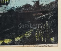 Olvashatatlan jelzéssel: Vitorlások. Színezett rézkarc, selyem. Dekoratív, üvegezett fakeretben, 37,...