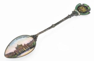 Ezüst(Ag) Wien zománcozott díszkanál, jelzett, kis sérüléssel, h: 12 cm, bruttó: 10,5 g