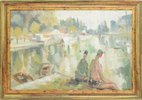 Vincze Győző (1925-2001): Fürdőzők. Olaj, farost, jelzett, fakeretben, 39,5×58,5 cm