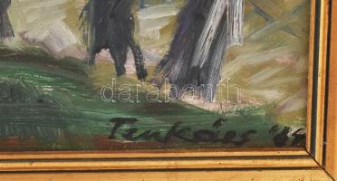 Tenkács Tibor (1913-1998): Tiszapart (Szomorú időben). Olaj, farost, jelzett. Hátoldalán autográf fe...