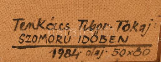 Tenkács Tibor (1913-1998): Tiszapart (Szomorú időben). Olaj, farost, jelzett. Hátoldalán autográf fe...