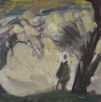 Tenkács Tibor (1913-1998): Tiszapart (Szomorú időben). Olaj, farost, jelzett. Hátoldalán autográf fe...